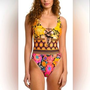 Sunshine 79 Plunge Mio Floral multicolored One Piece Swimsuit, size 4